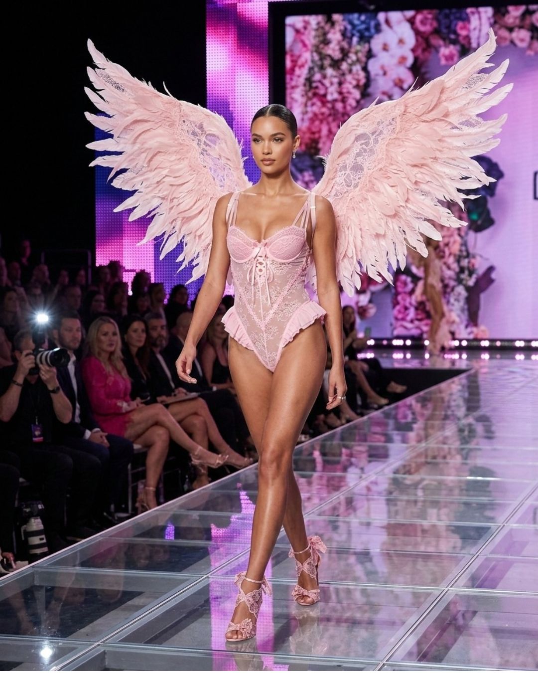 Model walking on a runway with pink angel wings and a pink outfit.