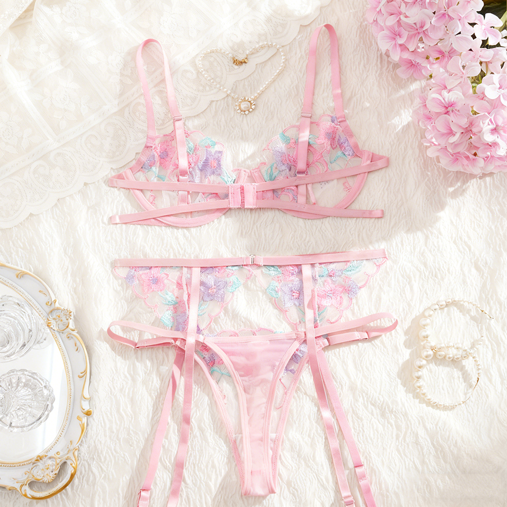 Pink lingerie set with floral details on a soft white background