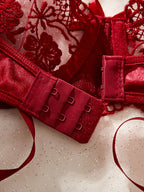 Red lace lingerie with floral embroidery on a textured surface